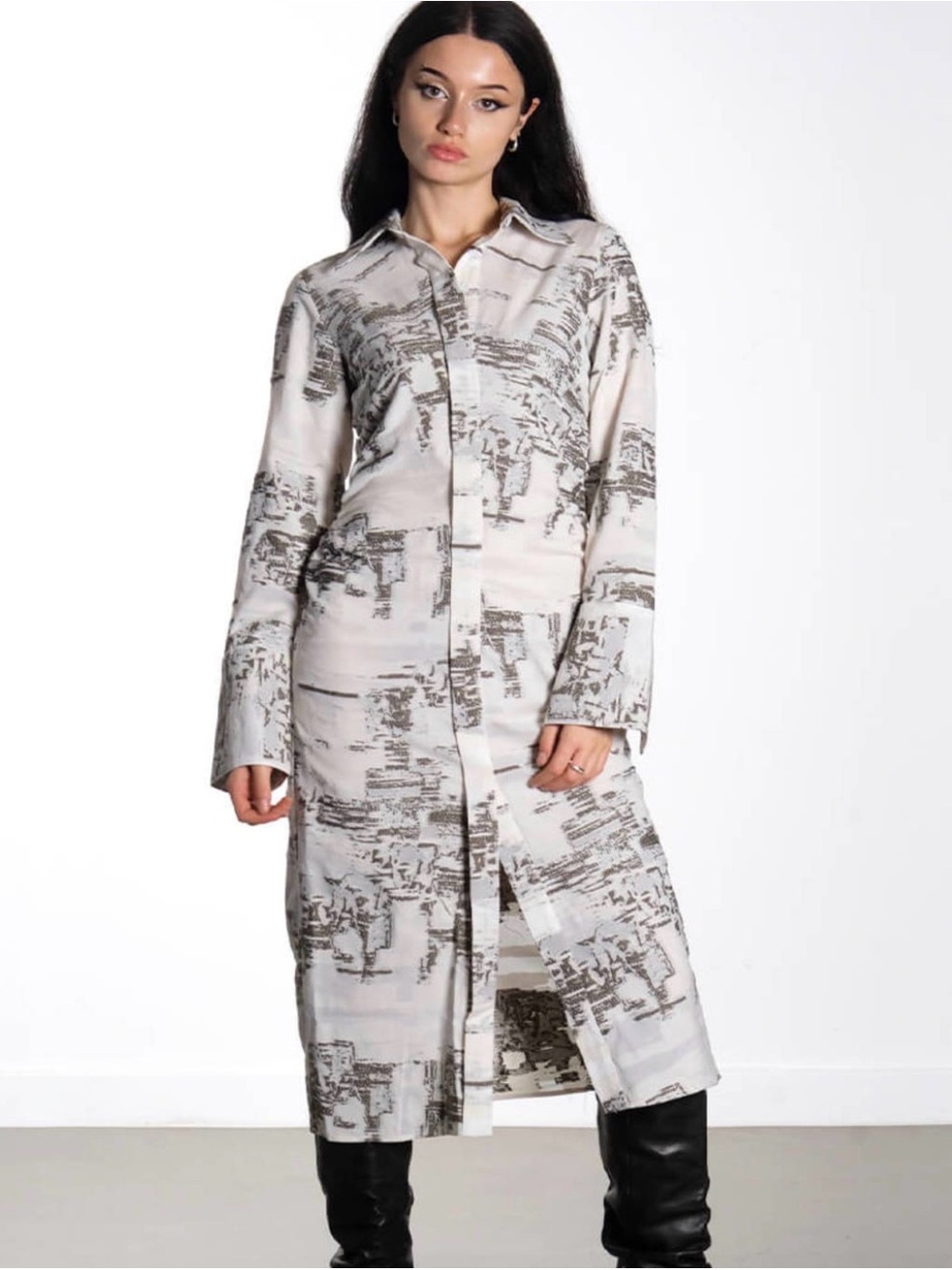DAY Printed Button-Front Midi Shirt Dress in White and Gray Size US 6 - Picture 6 of 6